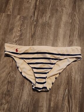 Ralph Lauren Navy & White Striped Bikini Bottoms with Red Pony